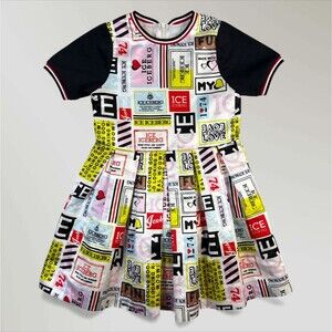 Iceberg Girl's Short Sleeve Flare Dress Signs All Over Graphic Print Sz Lrg